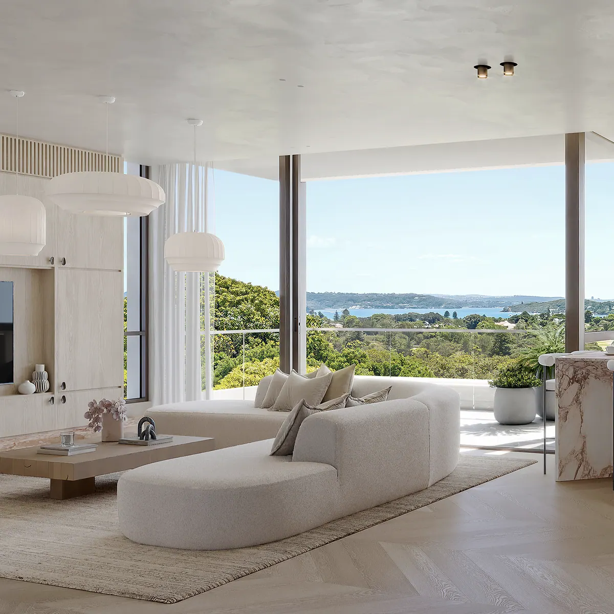 Render of an apartment living room with a curved sofa, marble island bench and floor-to-ceiling glass looking over bushland to the harbour