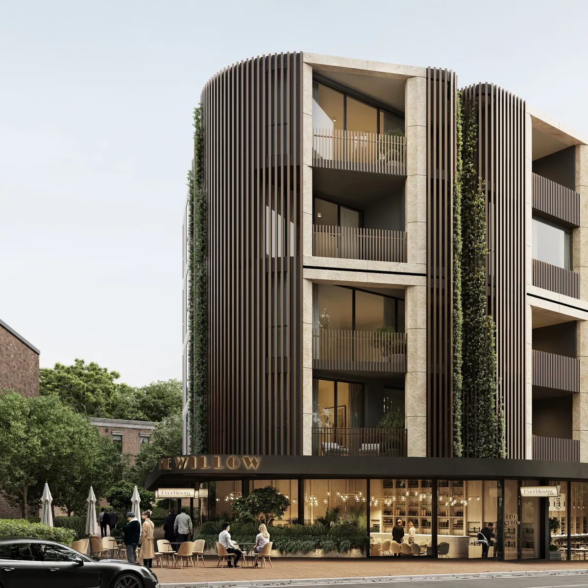 Render of the design drawing showing north shore, stone facade, class 2, 2024, North Willoughby apartment building