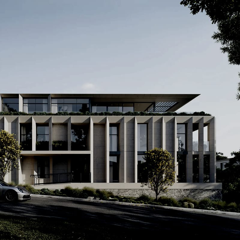 Render of the apartment building from across the street, showing its regular rhythm of pale columns and recessed glass balconies