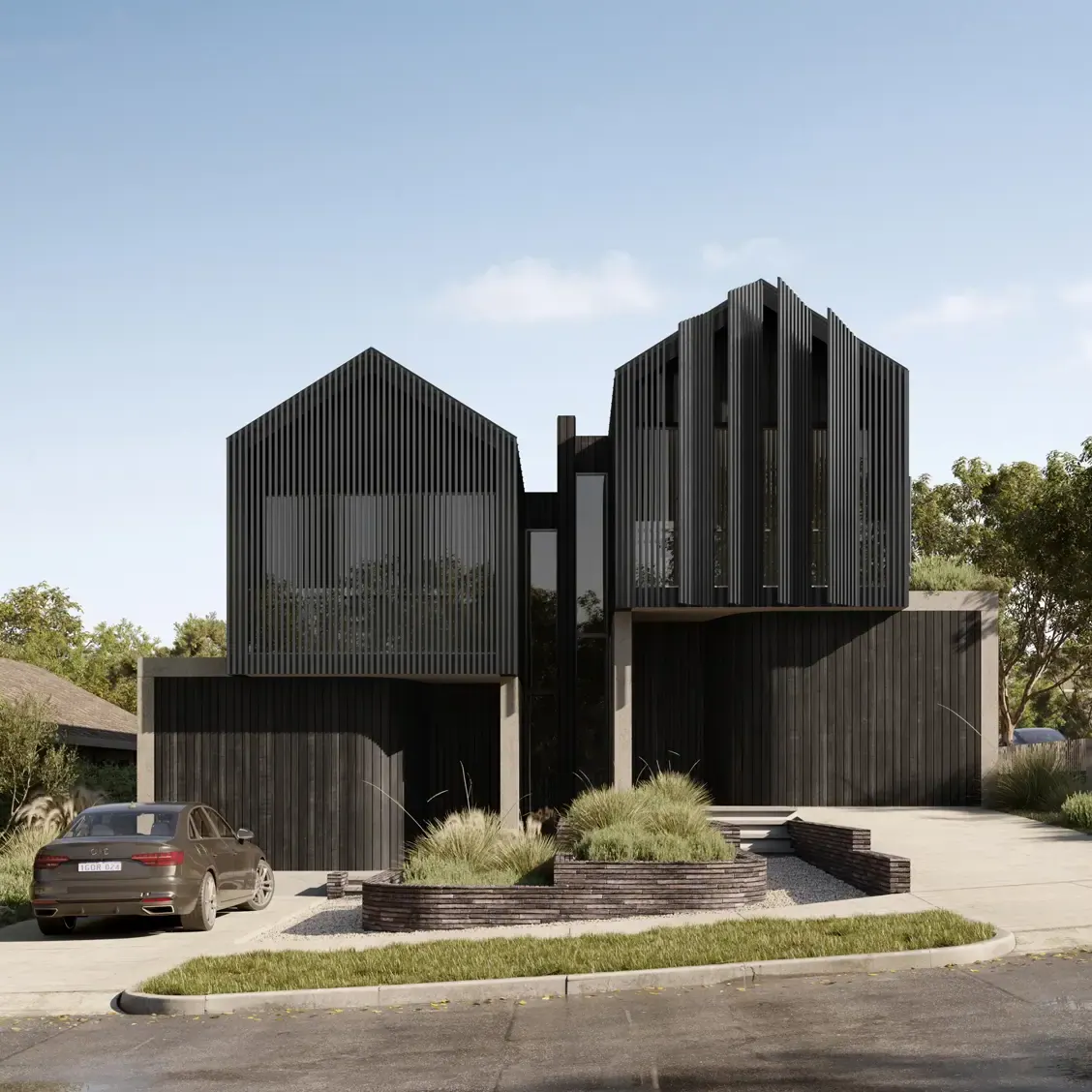 Render of a duplex with two pitched forms clad in dark vertical battens, set behind low brick planters