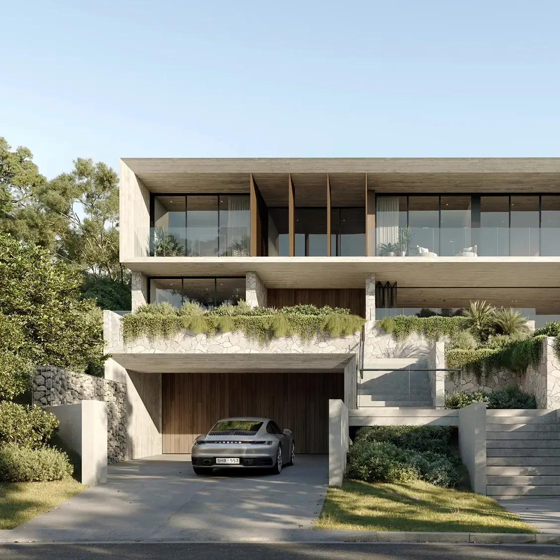 Render of the street front: a two-storey home with deep concrete overhangs above a planted, terraced entry and garage