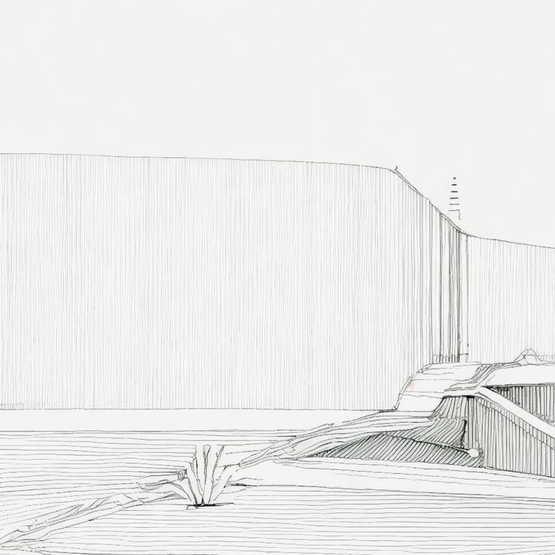Hand-drawn pencil sketch of a long, low timber-clad house set into a coastal landscape, with a ramp and native planting