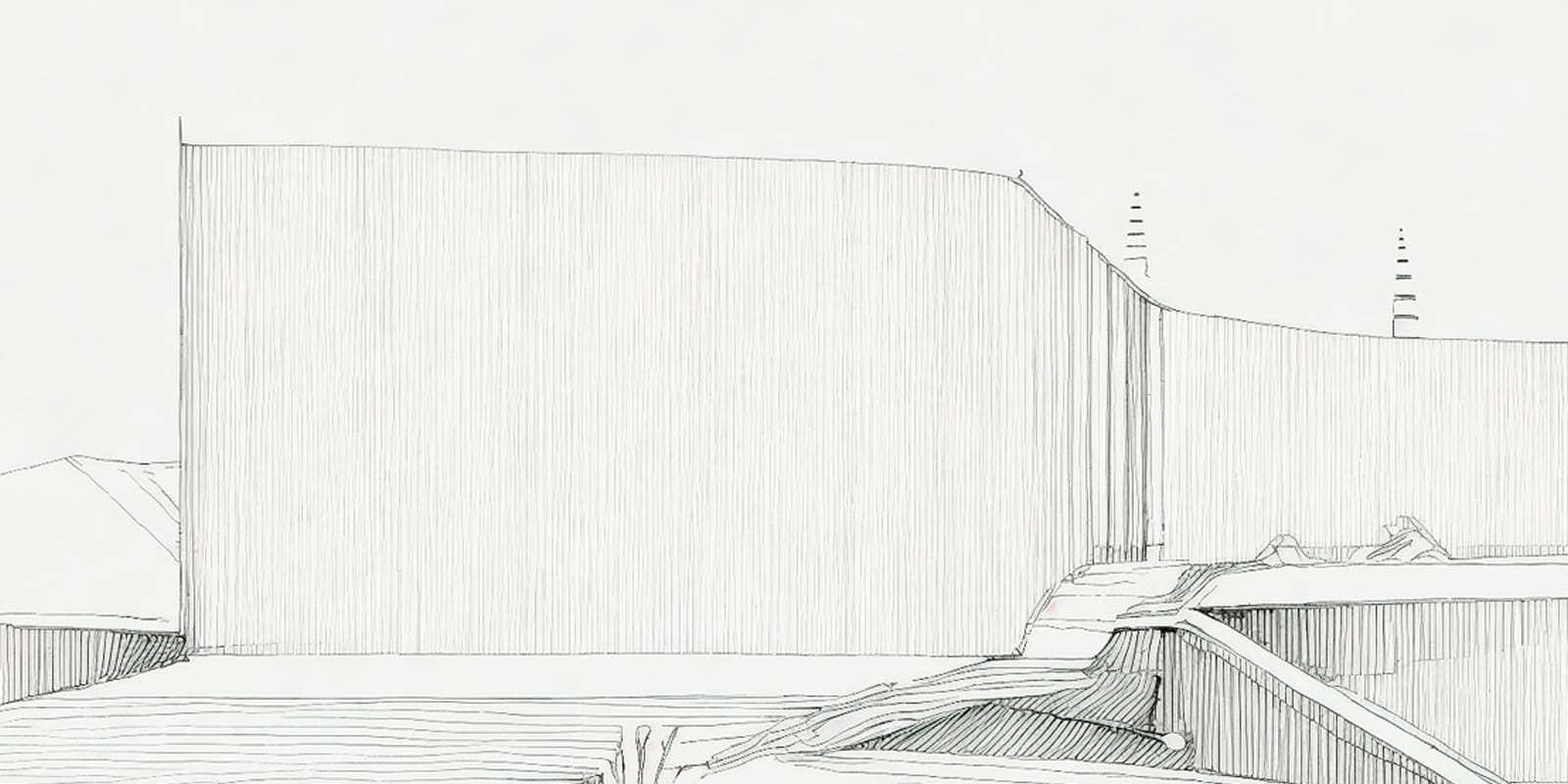 Hand-drawn pencil sketch of a long, low timber-clad house set into a coastal landscape, with a ramp and native planting