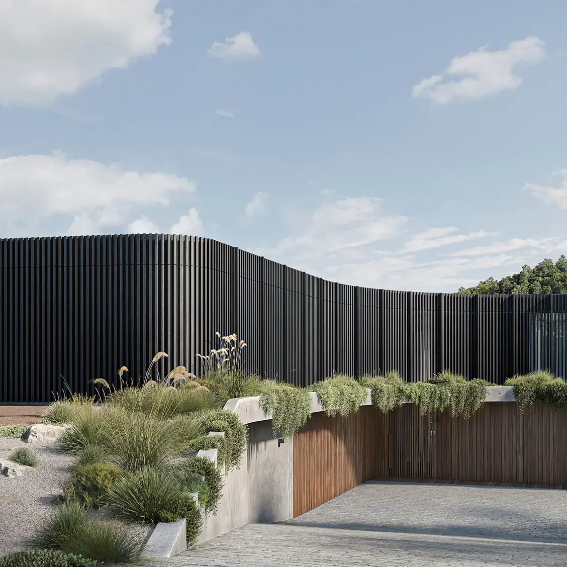 Render of a curved screen of dark vertical battens behind native grasses, with a timber gate set into a planted concrete wall