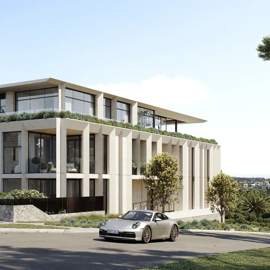 Render of a three-storey apartment building on a street corner, with pale columns, planted balconies and a fine roof plane
