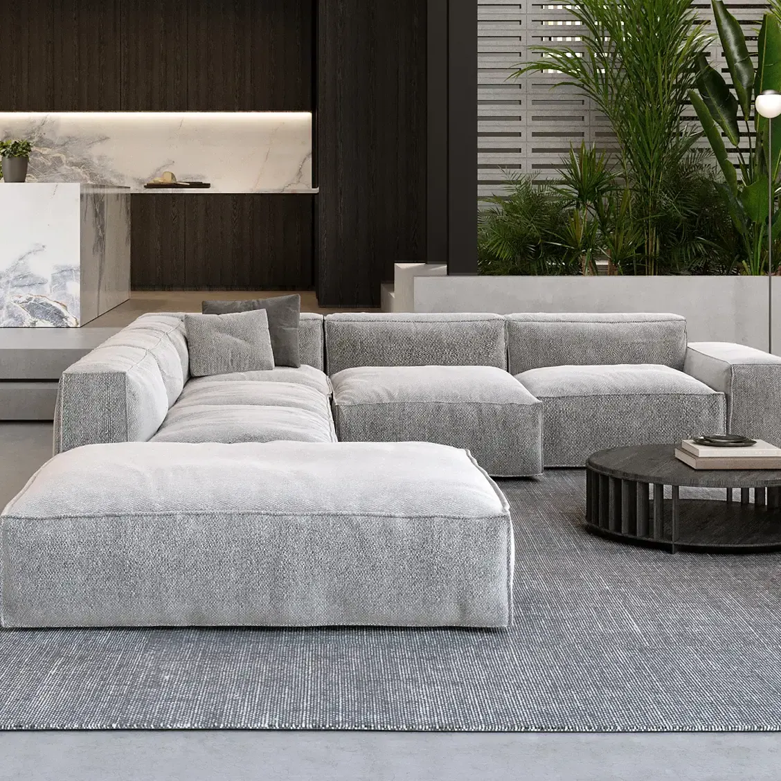 Render of a living room with a large modular sofa and a marble kitchen bench, beside a planted courtyard behind a slatted screen