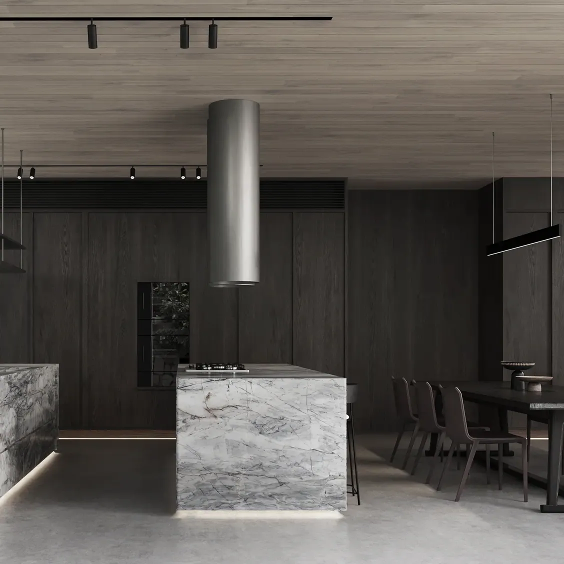 Render of an open kitchen and dining area with a timber ceiling, dark joinery and two marble island benches