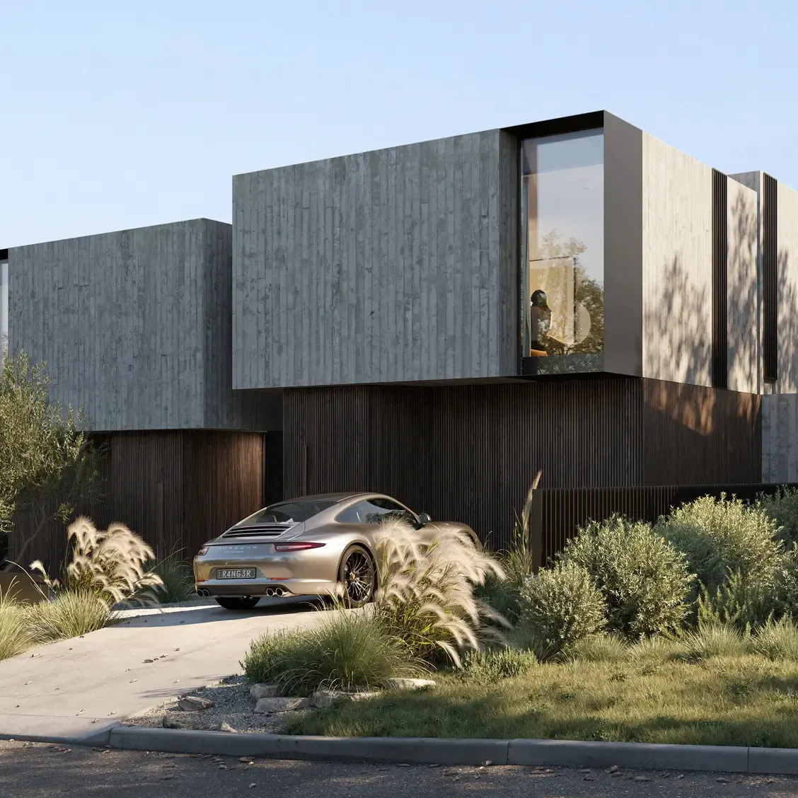 Render of the duplex with board-marked concrete upper forms over a dark timber-clad ground floor, behind coastal grasses