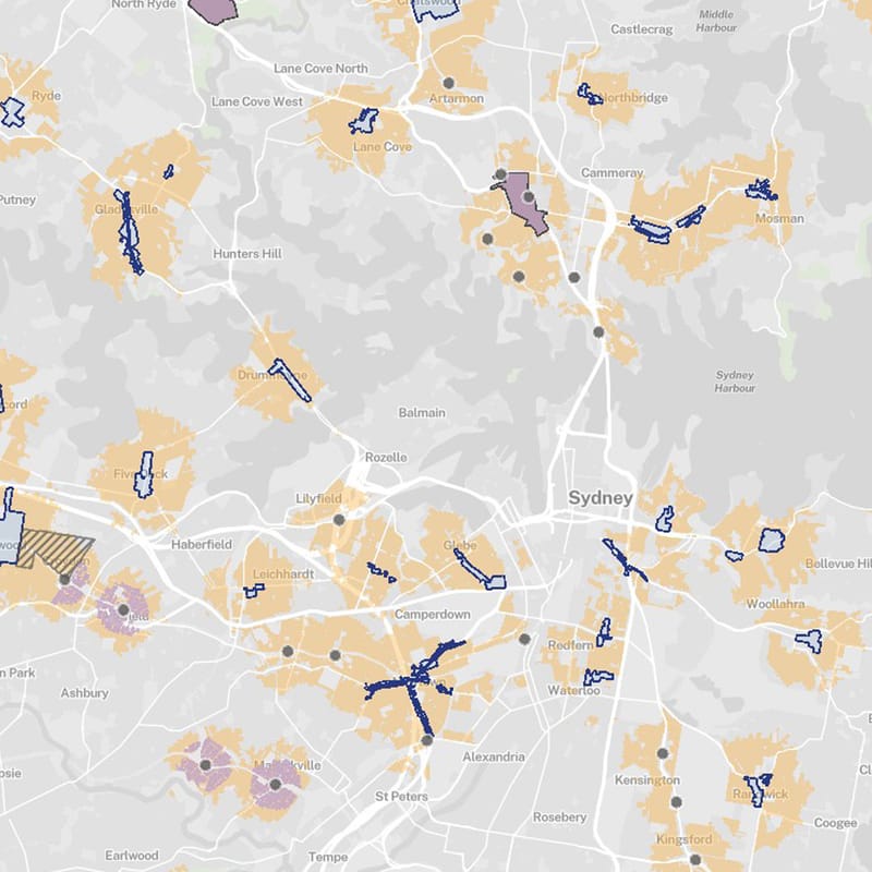 Map of inner Sydney with shaded areas around train stations and town centres covered by the NSW low and mid-rise housing reforms LMR