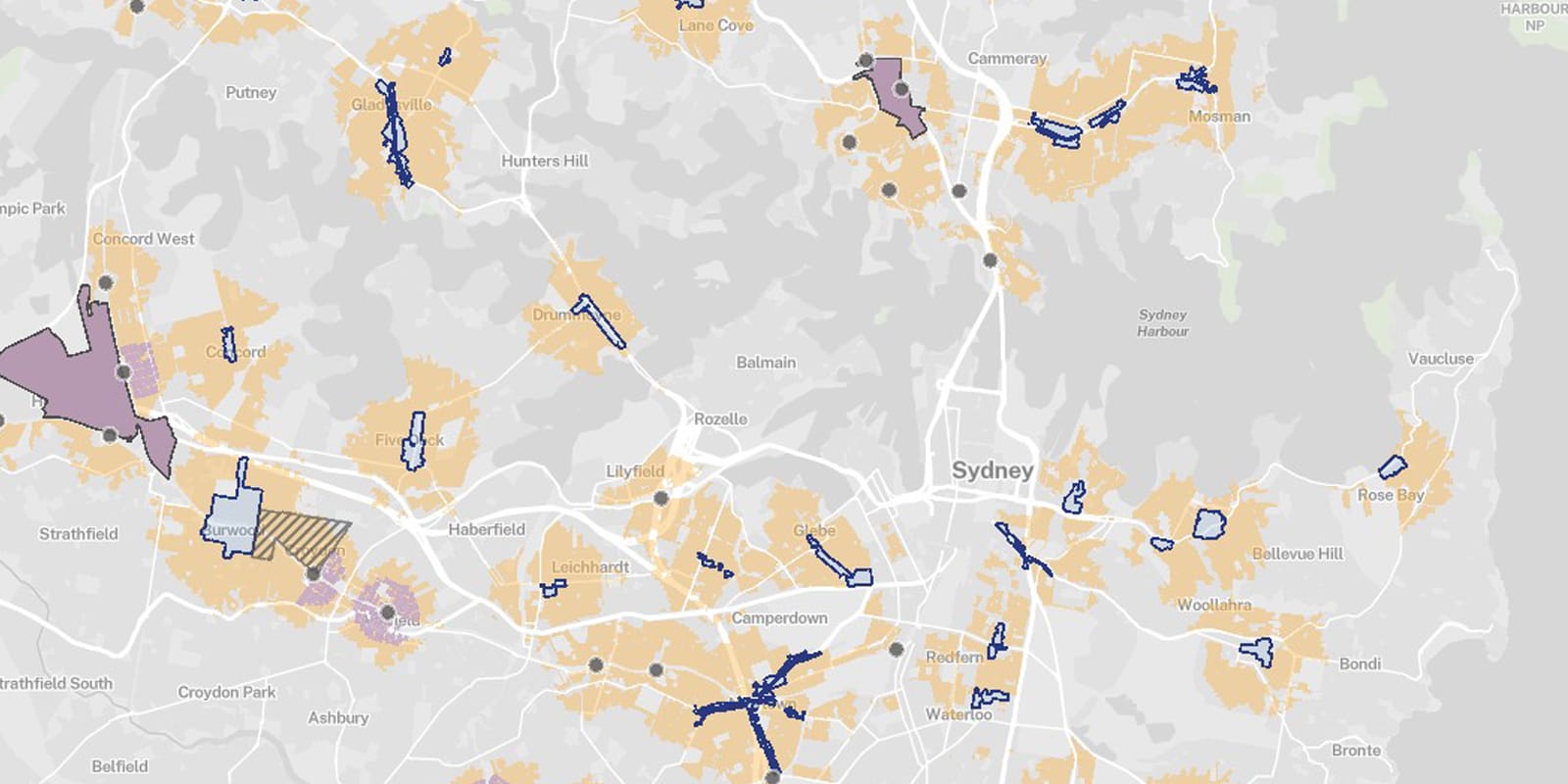 Map of inner Sydney with shaded areas around train stations and town centres covered by the NSW low and mid-rise housing reforms LMR