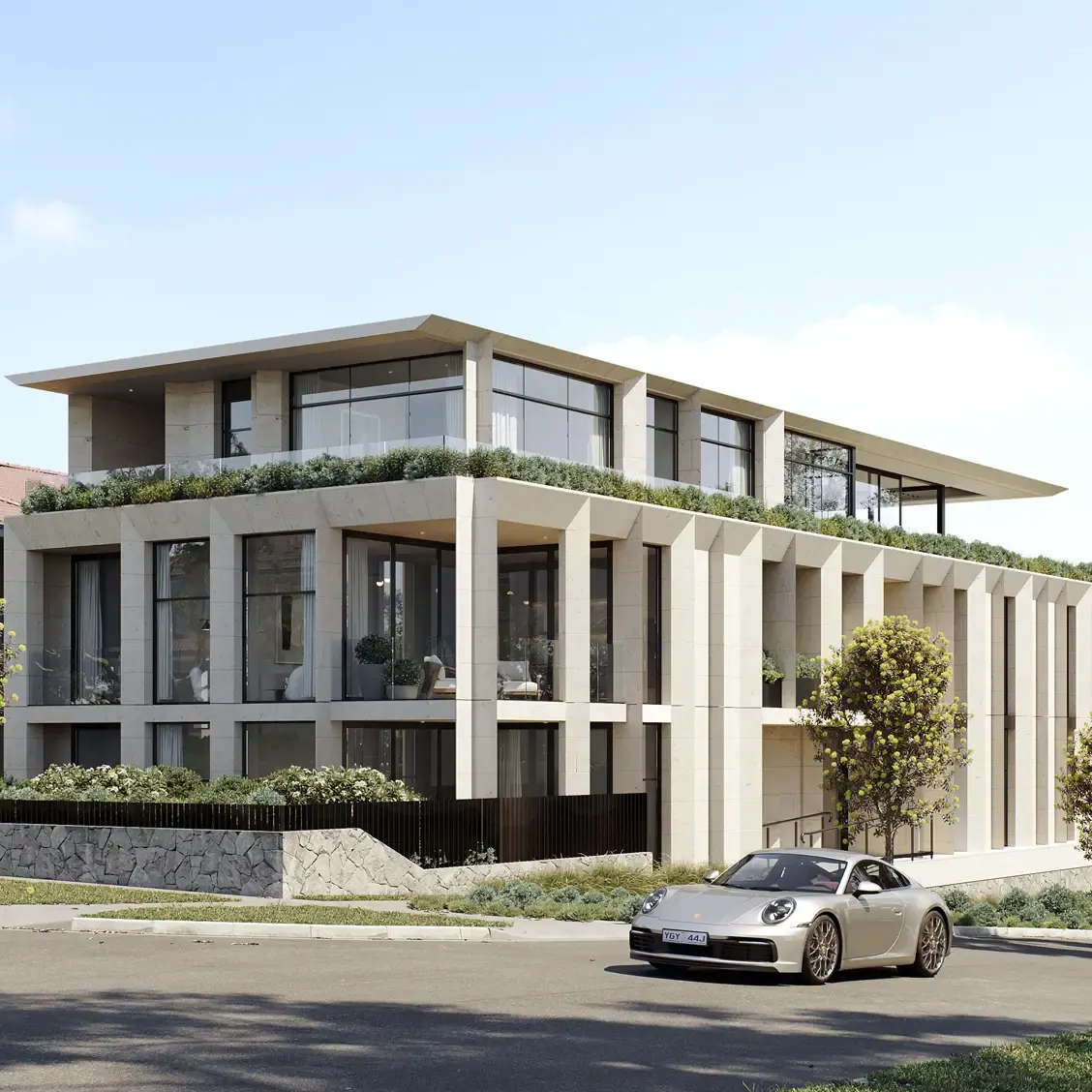 Render of a three-storey apartment building on a street corner, with pale columns, planted balconies and a fine roof plane
