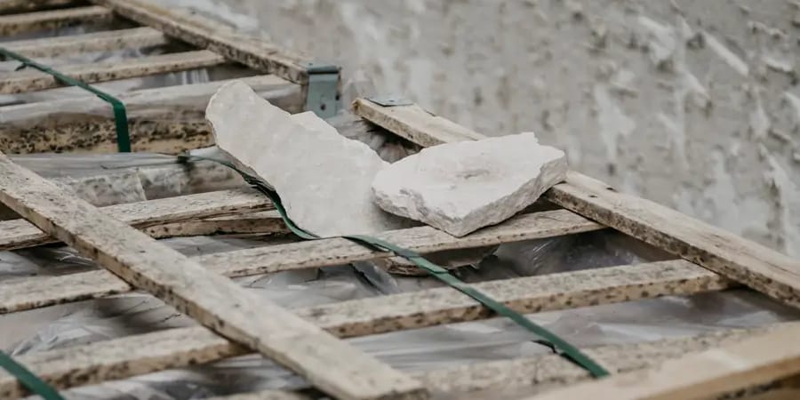 Pieces of rough-cut sandstone resting on a timber pallet on a residential building site