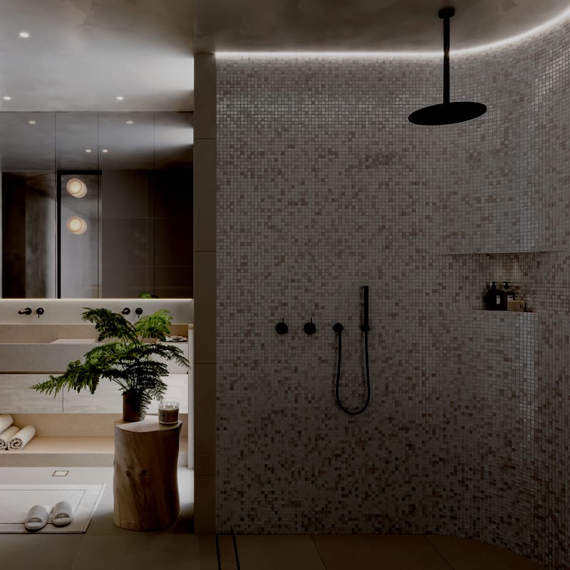 Render of a bathroom with a curved mosaic-tiled walk-in shower, stone vanity and soft concealed lighting