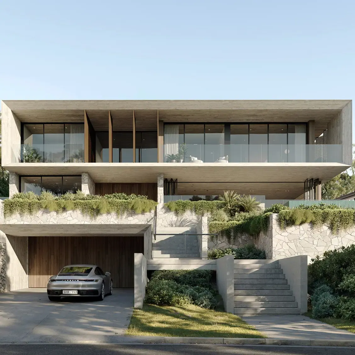 Render of the street front: a two-storey home with deep concrete overhangs above a planted, terraced entry and garage