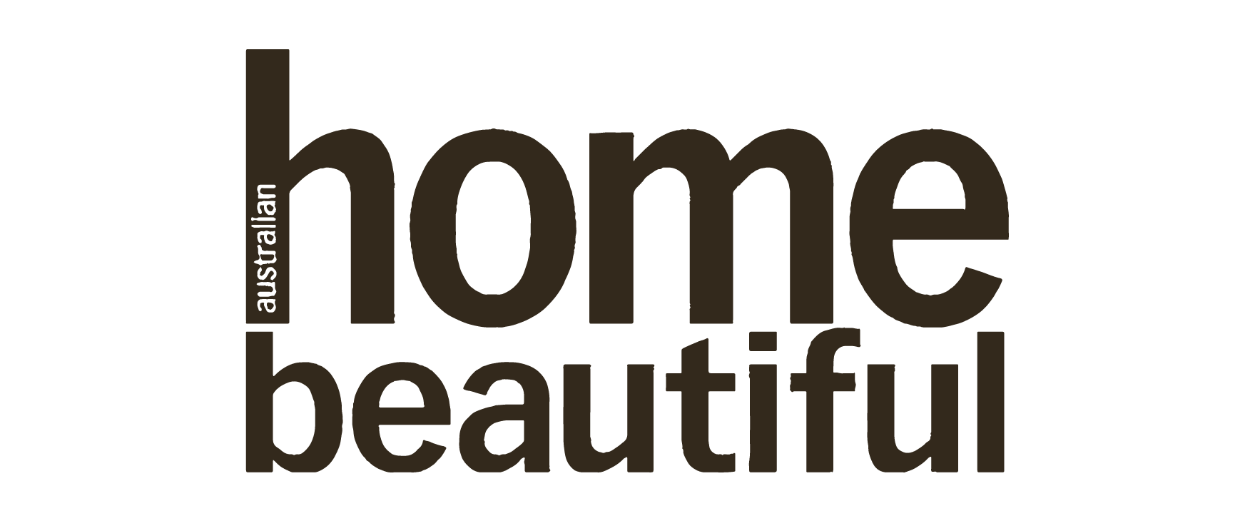 The image features a dark brown logo with the words "home beautiful" in large, lowercase letters. The word "australian" is written vertically in much smaller letters to the left of "home". This stylish logo could easily be associated with a Sydney duplex architect known for the best duplex designs. The background is transparent.