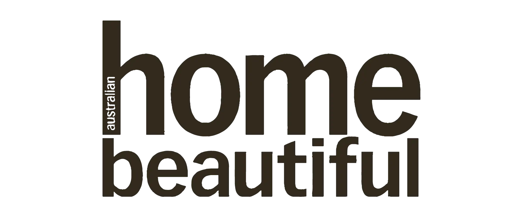 The image features a dark brown logo with the words "home beautiful" in large, lowercase letters. The word "australian" is written vertically in much smaller letters to the left of "home". This stylish logo could easily be associated with a Sydney duplex architect known for the best duplex designs. The background is transparent.