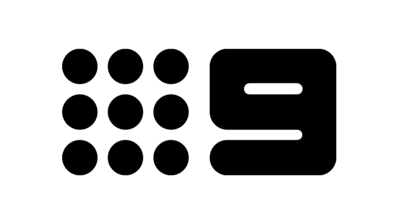 The image features the stylized logo for Nine Network. It consists of five rows of dots, with the first two rows containing three dots each, and a large number nine on the right side. The design is in solid black on a white background, reminiscent of some modern sydney duplex designs by top architects.