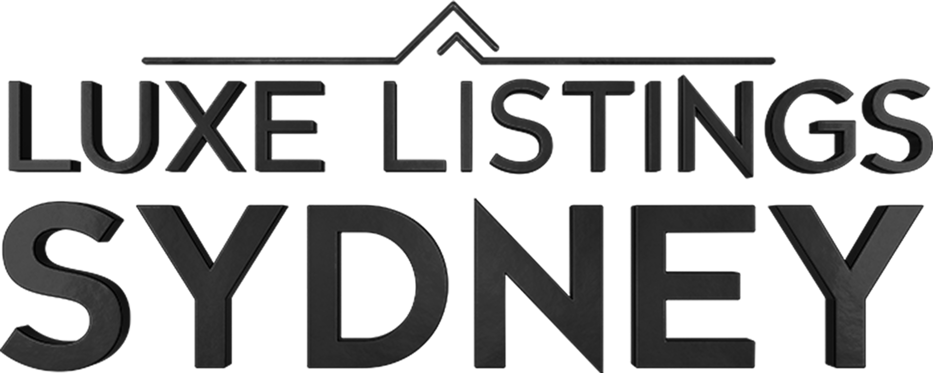 The image shows a logo with the text "Luxe Listings Sydney" in bold, uppercase letters. The word "Luxe" is stacked above "Listings," which is stacked above "Sydney," all in black text. A stylized geometric shape resembling a pyramid or triangle, reminiscent of the best duplex designs by a Sydney architect, is positioned above the text.