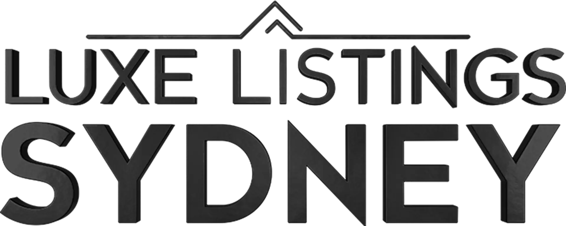 The image shows a logo with the text "Luxe Listings Sydney" in bold, uppercase letters. The word "Luxe" is stacked above "Listings," which is stacked above "Sydney," all in black text. A stylized geometric shape resembling a pyramid or triangle, reminiscent of the best duplex designs by a Sydney architect, is positioned above the text.